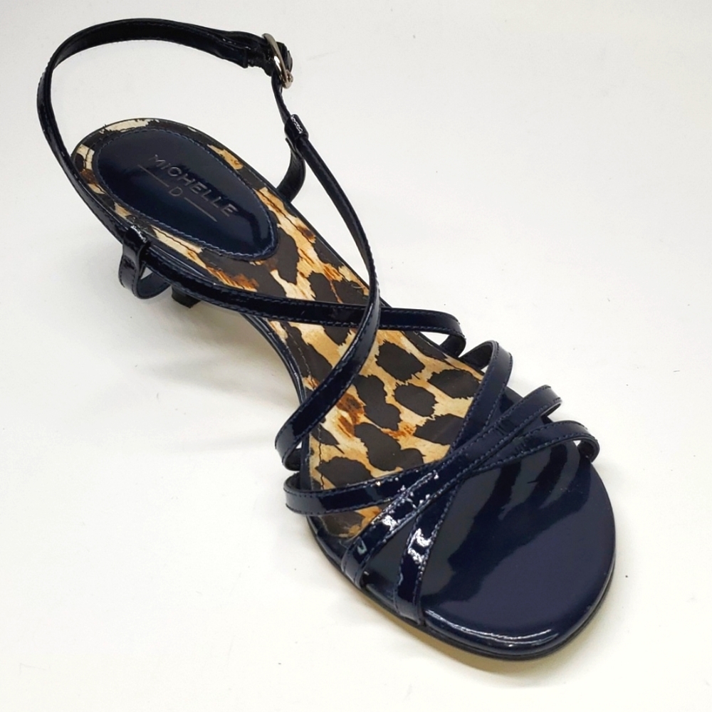 Michelle D Navy Patent Leather Ankle Strap Heeled Sandals 7M